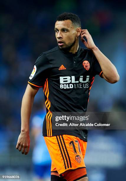 Francis Coquelin of Valencia CF reacts during the La Liga match between Malaga CF and Valencia CF at Estadio La Rosaleda on February 17, 2018 in...