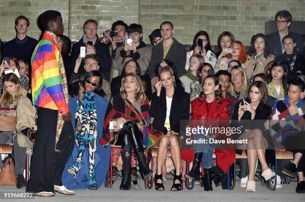 Jourdan Dunn, Paris Jackson, Poppy Delevingne, Alexa Chungg, Iris Law and Mason Lee wearing Burberry at the Burberry February 2018 show during London...