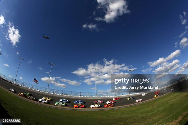 Cars race during the NASCAR Xfinity Series PowerShares QQQ 300 at Daytona International Speedway on February 17, 2018 in Daytona Beach, Florida.