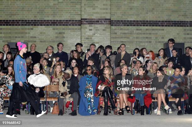 Daphne Guinness, guest, Jourdan Dunn, Paris Jackson, Poppy Delevingne, Alexa Chungg, Iris Law and Mason Lee wearing Burberry at the Burberry February...