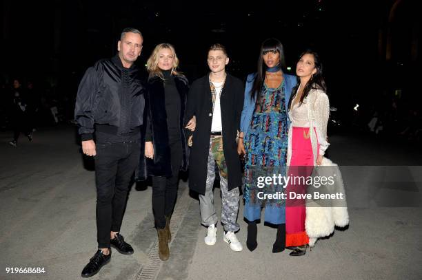 Fat Tony, Kate Moss, Blondey McCoy, Naomi Campbell and Laurie Lynn Stark wearing Burberry at the Burberry February 2018 show during London Fashion...