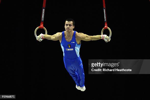 George Robert Stanescu of Romania competes on the rings during the Apparatus Finals on the fifth day of the Artistic Gymnastics World Championships...
