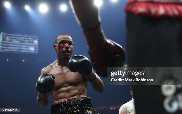 Chris Eubank JR of England looks on during his WBSS Super Middleweight bout against George Groves of England at the Manchester Arena on February 17,...