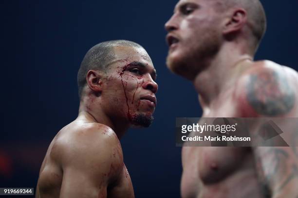 Chris Eubank JR of England looks on during his WBSS Super Middleweight bout against George Groves of England at the Manchester Arena on February 17,...