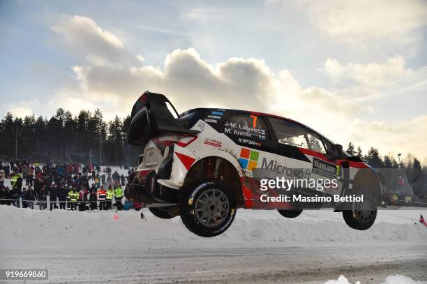 Jari Matti Latvala of Finland and Mikka Anttila of Finland compete in their Toyota Gazoo Racing WRT Toyota Yaris WRC during Day Two of the WRC Sweden...