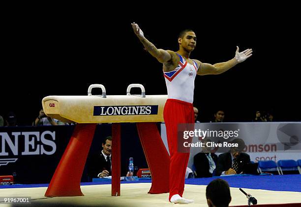 Louis Smith of Great Britain reacts after he competed on the pommel horse during the Apparatus Finals on the fifth day of the Artistic Gymnastics...