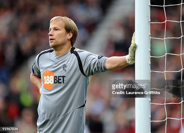 Jussi Jaaskelainen of Bolton looks dejected during the Barclays Premier League match between Manchester United and Bolton Wanderers at Old Trafford...