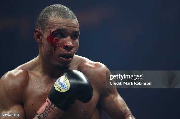 Chris Eubank JR of England looks on during his WBSS Super Middleweight bout against George Groves of England at the Manchester Arena on February 17,...