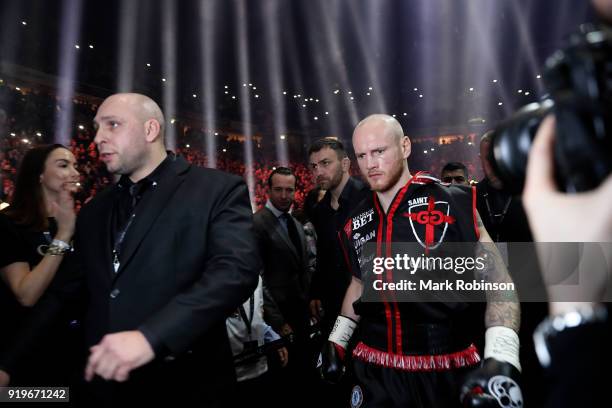 George Groves of England walks to the ring ahead of his WBSS Super Middleweight bout against Chris Eubank JR of England at the Manchester Arena on...