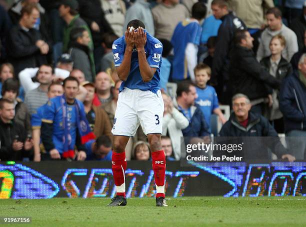 Younes Kaboul of Portsmouth reacts after the Barclays Premier League match between Portsmouth and Tottenham Hotspur at Fratton Park on October 17,...