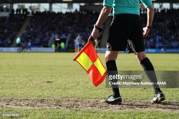 Assistant linesman with his red and yellow flag - linesman during the Sky Bet League One match between Shrewsbury Town and Rotherham United at New...