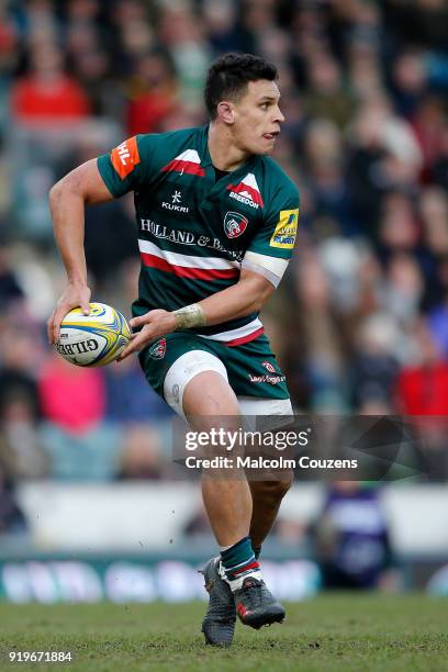 Matt Toomua of Leicester Tigers passes the ball during the Aviva Premiership match between Leicester Tigers and Harlequins at Welford Road on...