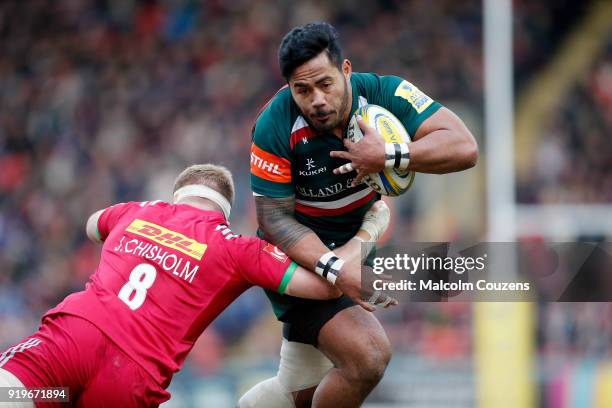 Manu Tuilagi of Leicester Tigers runs with the ball during the Aviva Premiership match between Leicester Tigers and Harlequins at Welford Road on...