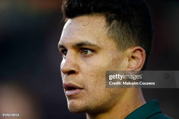 Matt Toomua of Leicester Tigers looks on during the Aviva Premiership match between Leicester Tigers and Harlequins at Welford Road on February 17,...