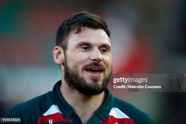 Adam Thompstone of Leicester Tigers looks on during the Aviva Premiership match between Leicester Tigers and Harlequins at Welford Road on February...