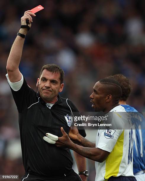 RefereePhilip Dowd shows Jermain Defoe a red card during the Barclays Premier League match between Portsmouth and Tottenham Hotspur at Fratton Park...