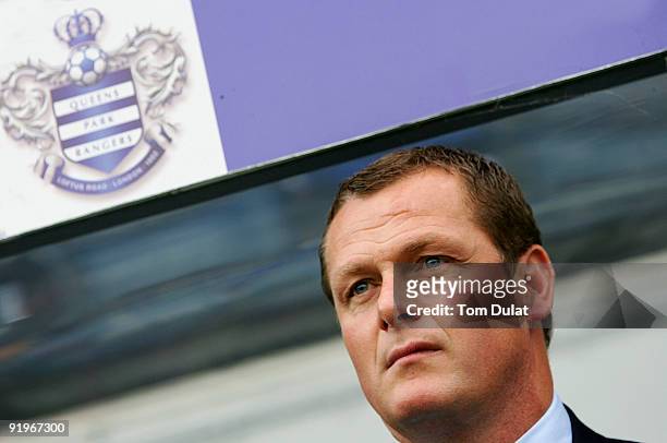 Manager of Queens Park Rangers Jim Magilton looks on prior to the Coca Cola Championship match between Queens Park Rangers and Preston North End at...