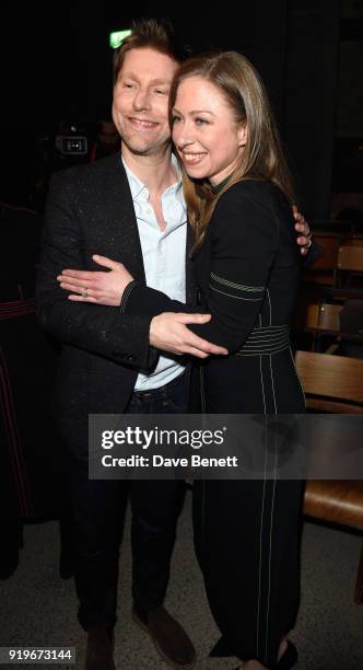 Designer Christopher Bailey and Chelsea Clinton are seen following the Burberry February 2018 show during London Fashion Week at Dimco Buildings on...
