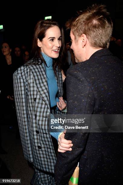 Designer Christopher Bailey and Michelle Dockery are seen following the Burberry February 2018 show during London Fashion Week at Dimco Buildings on...