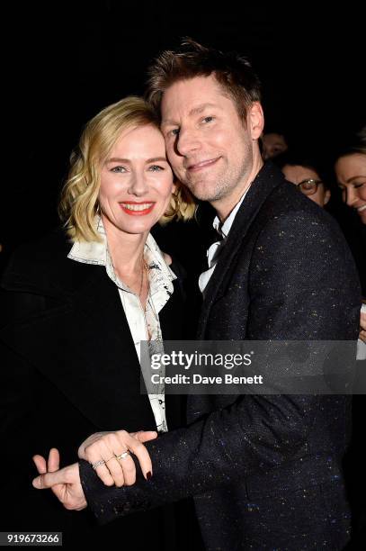 Designer Christopher Bailey and Naomi Watts are seen following the Burberry February 2018 show during London Fashion Week at Dimco Buildings on...