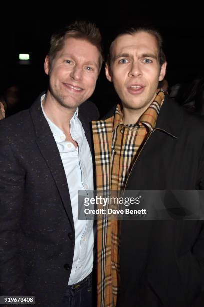Designer Christopher Bailey and James Righton are seen following the Burberry February 2018 show during London Fashion Week at Dimco Buildings on...