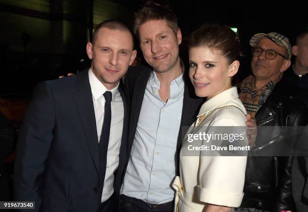 Jamie Bell, designer Christopher Bailey and Kate Mara are seen following the Burberry February 2018 show during London Fashion Week at Dimco...