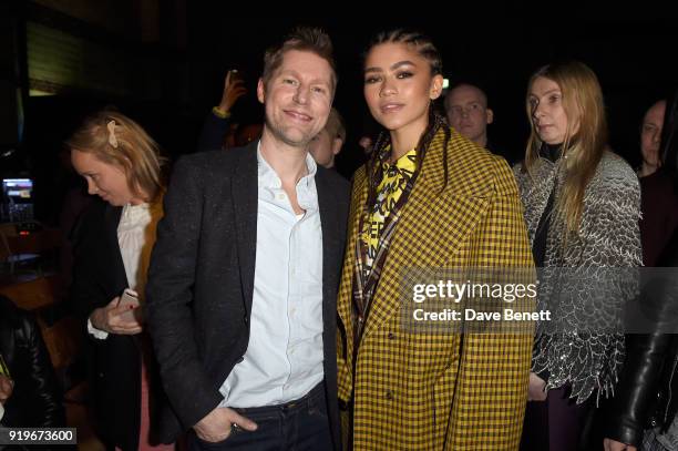 Designer Christopher Bailey and Zendaya are seen following the Burberry February 2018 show during London Fashion Week at Dimco Buildings on February...