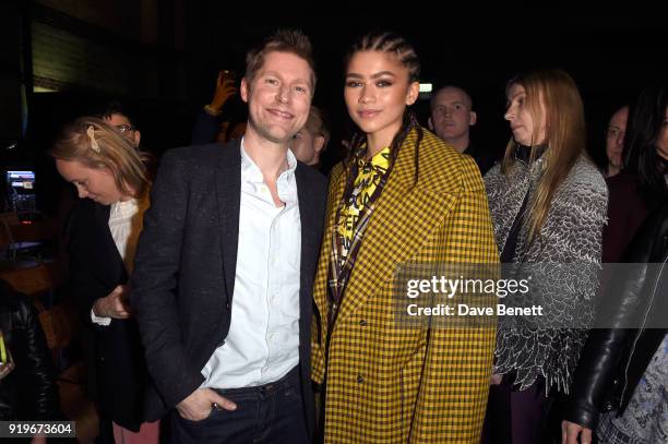 Designer Christopher Bailey and Zendaya are seen following the Burberry February 2018 show during London Fashion Week at Dimco Buildings on February...