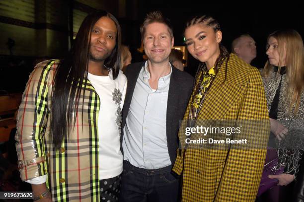 Designer Christopher Bailey and Zendaya are seen following the Burberry February 2018 show during London Fashion Week at Dimco Buildings on February...