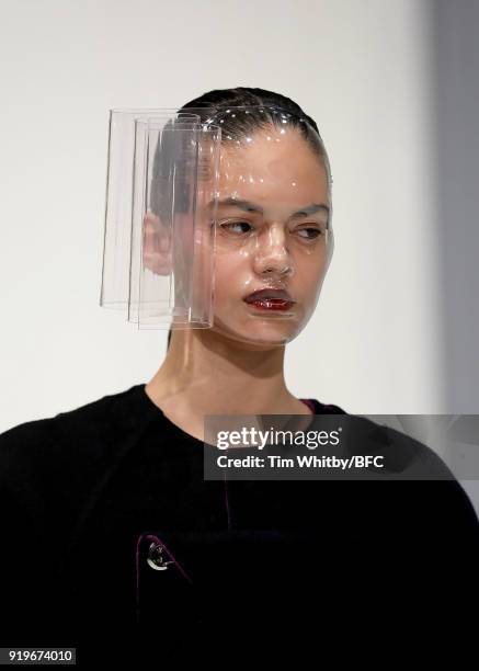 Model walks the runway at the Chalayan show during London Fashion Week February 2018 at Sadlers Wells Theatre on February 17, 2018 in London, England.