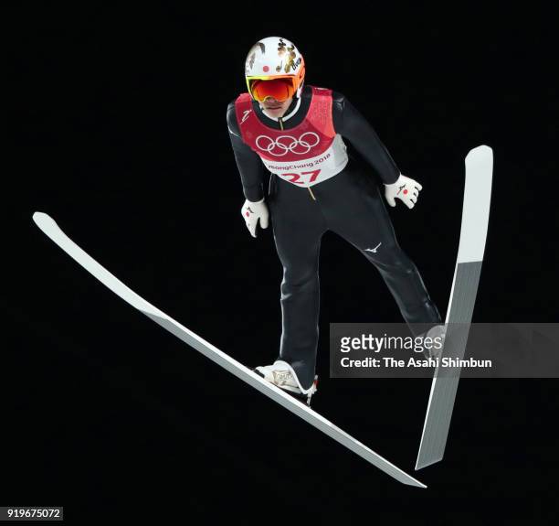 Taku Takeuchi of Japan competes in the first jump during the Ski Jumping - Men's Large Hill on day eight of the PyeongChang 2018 Winter Olympic Games...