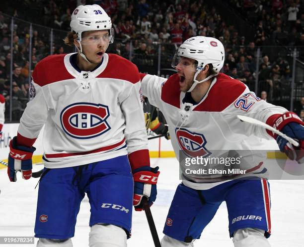 Nikita Scherbak and Alex Galchenyuk of the Montreal Canadiens celebrate after Scherbak scored a first-period goal against the Vegas Golden Knights...