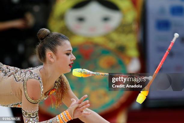 Aleksandra Soldatova of Russia performs during event 2018 Moscow Rhythmic Gymnastics Grand Prix GAZPROM Cup at the in Moscow on February 17, 2018.