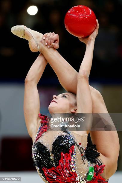 Aleksandra Soldatova of Russia performs during event 2018 Moscow Rhythmic Gymnastics Grand Prix GAZPROM Cup at the in Moscow on February 17, 2018.