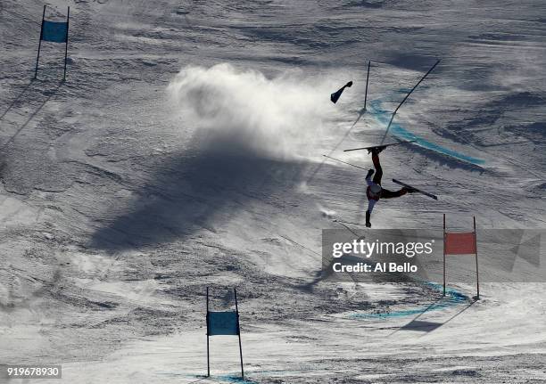 Forerunner crashes prior to the Alpine Skiing Men's Giant Slalom on day nine of the PyeongChang 2018 Winter Olympic Games at Yongpyong Alpine Centre...