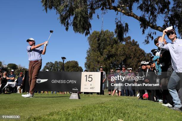 Derek Fathauer plays his shot from the 15th tee during the third round of the Genesis Open at Riviera Country Club on February 17, 2018 in Pacific...