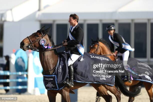 Winner Daniel Meech of New Zeland, rides Fine during the resident of the UAE Show Jumping Cup at Al Forsan on February 17, 2018 in Abu Dhabi, United...