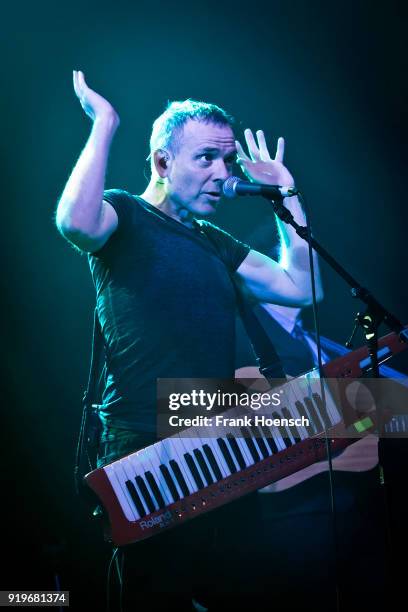 Singer Stuart Murdoch of the British band Belle and Sebastian performs live on stage during a concert at the Admiralspalast on February 17, 2018 in...