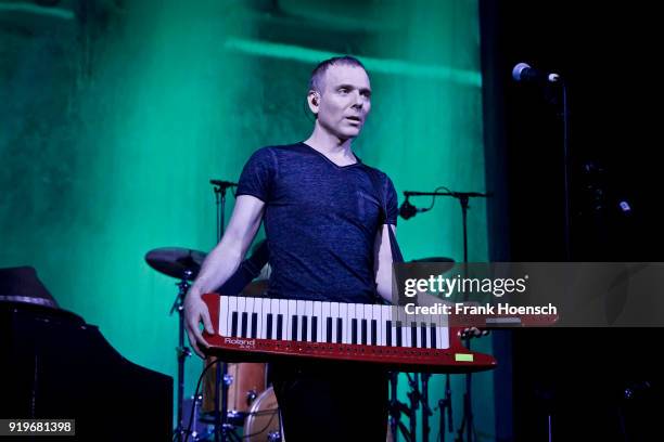 Singer Stuart Murdoch of the British band Belle and Sebastian performs live on stage during a concert at the Admiralspalast on February 17, 2018 in...