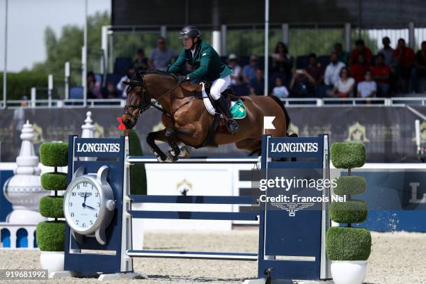 Cameron Hanley of Ireland rides Aiyetoro during The President of the UAE Show Jumping Cup at Al Forsan on February 17, 2018 in Abu Dhabi, United Arab...