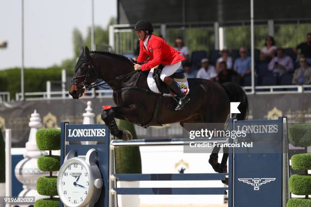 Arthur da Silva of Switzerland rides Inonstop van T Voorhof during The President of the UAE Show Jumping Cup at Al Forsan on February 17, 2018 in Abu...