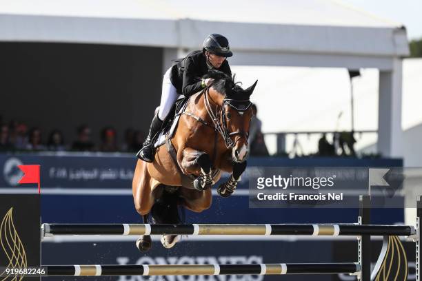 Samantha Mclntosh of New Zeland rides Check In during The President of the UAE Show Jumping Cup at Al Forsan on February 17, 2018 in Abu Dhabi,...