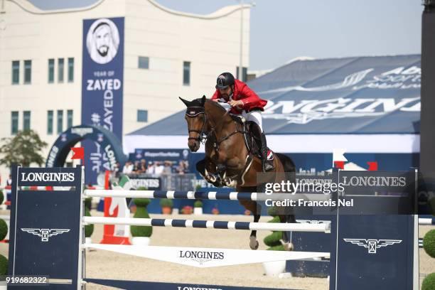 Amre Hamcho of Syria rides Lady Pilox during The President of the UAE Show Jumping Cup at Al Forsan on February 17, 2018 in Abu Dhabi, United Arab...