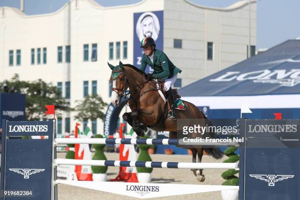 Shane Breen of Ireland rides Laith during The President of the UAE Show Jumping Cup at Al Forsan on February 17, 2018 in Abu Dhabi, United Arab...