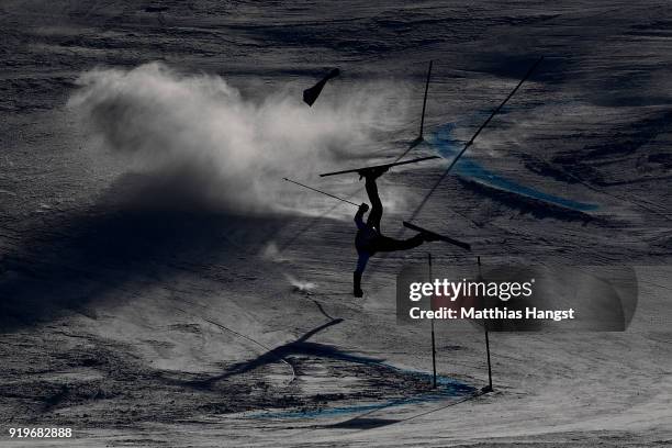 Forerunner crashes prior to the Alpine Skiing Men's Giant Slalom on day nine of the PyeongChang 2018 Winter Olympic Games at Yongpyong Alpine Centre...