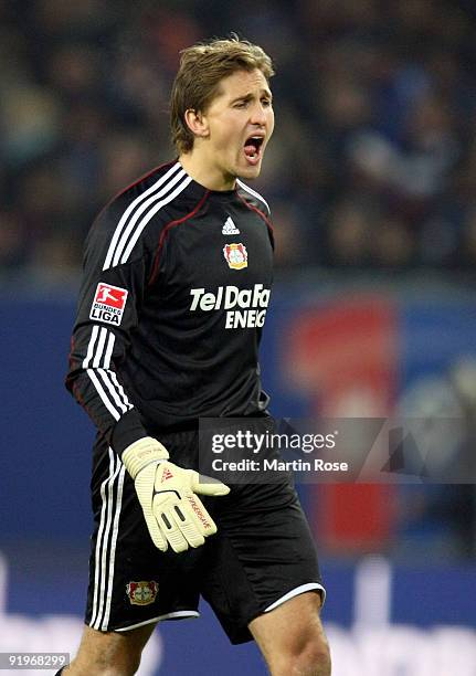 Goalkeeper Rene Adler of Leverkusen reacts during the Bundesliga match between Hamburger SV and Bayer Leverkusen at the HSH Nordbank Arena on October...