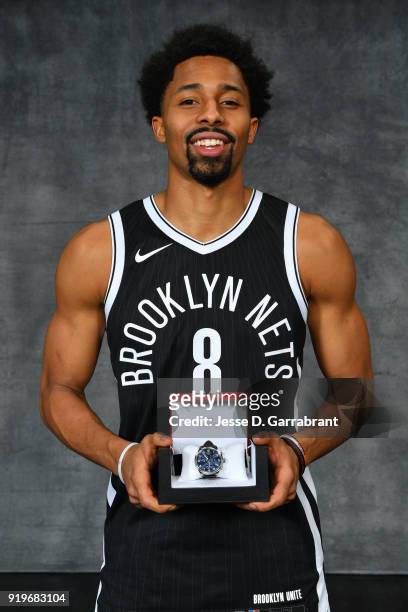 Spencer Dinwiddie of the Brooklyn Nets pose for a portrait with a Tissot watch as the winner of the 2018 Taco Bell Skills Challenge during State Farm...