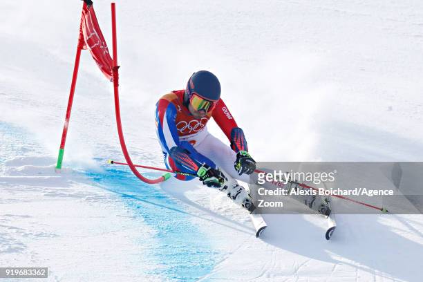 Mathieu Faivre of France in action during the Alpine Skiing Men's Giant Slalom at Yongpyong Alpine Centre on February 18, 2018 in Pyeongchang-gun,...