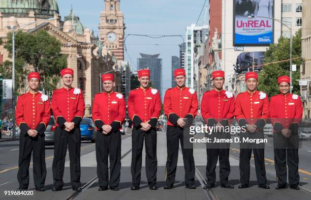 The world famous bell boys from the luxury cruise line Cunard pose for a group photo in the city on February 18, 2018 in Melbourne, Australia. Cunard...