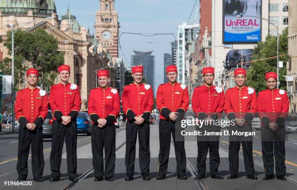 The world famous bell boys from the luxury cruise line Cunard pose for a group photo in the city on February 18, 2018 in Melbourne, Australia. Cunard...